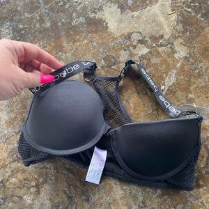 Bebe Black Sports Bra padded underwire fishnet push up front closure racer  34B